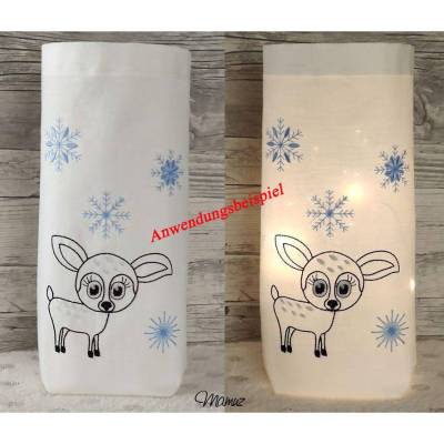 * Rehkitz mit Schneeflocken *   Redwork Stickdatei, 13 x 18 cm