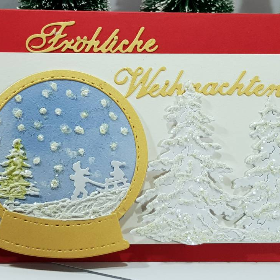Schneekugel Kinder Schlitten weiß gold Weihnachtskarte
