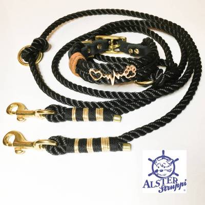Leine Halsband Set schwarz gold, auch für für kleine Hunde, verstellbar
