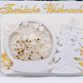 Weihnachtskarte Schüttel-Karte Glitzer weiß gold Schneekugel besonders.aufwändig elegant festlich