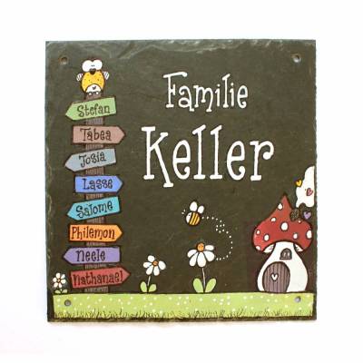Türschild Schiefer Handbemalt wetterfest  Eule Wegweiser Großfamilie Patchwork quadratisch XL 20x20 cm