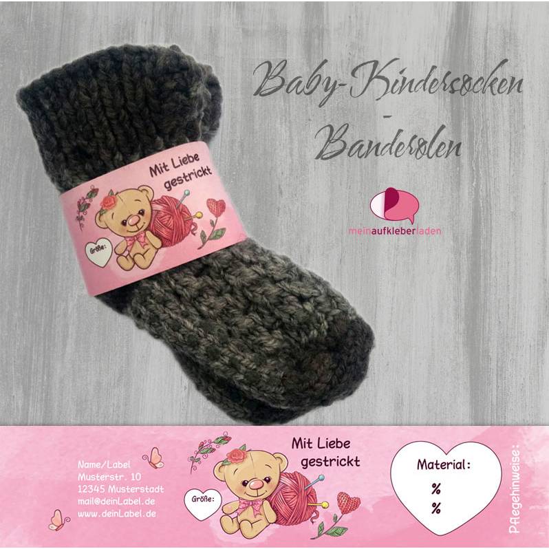 6 Baby - Sockenbanderolen: Mit Liebe gestrickt - rosa Teddy - personalisierbar | mit transparente Klebepunkte Bild 1