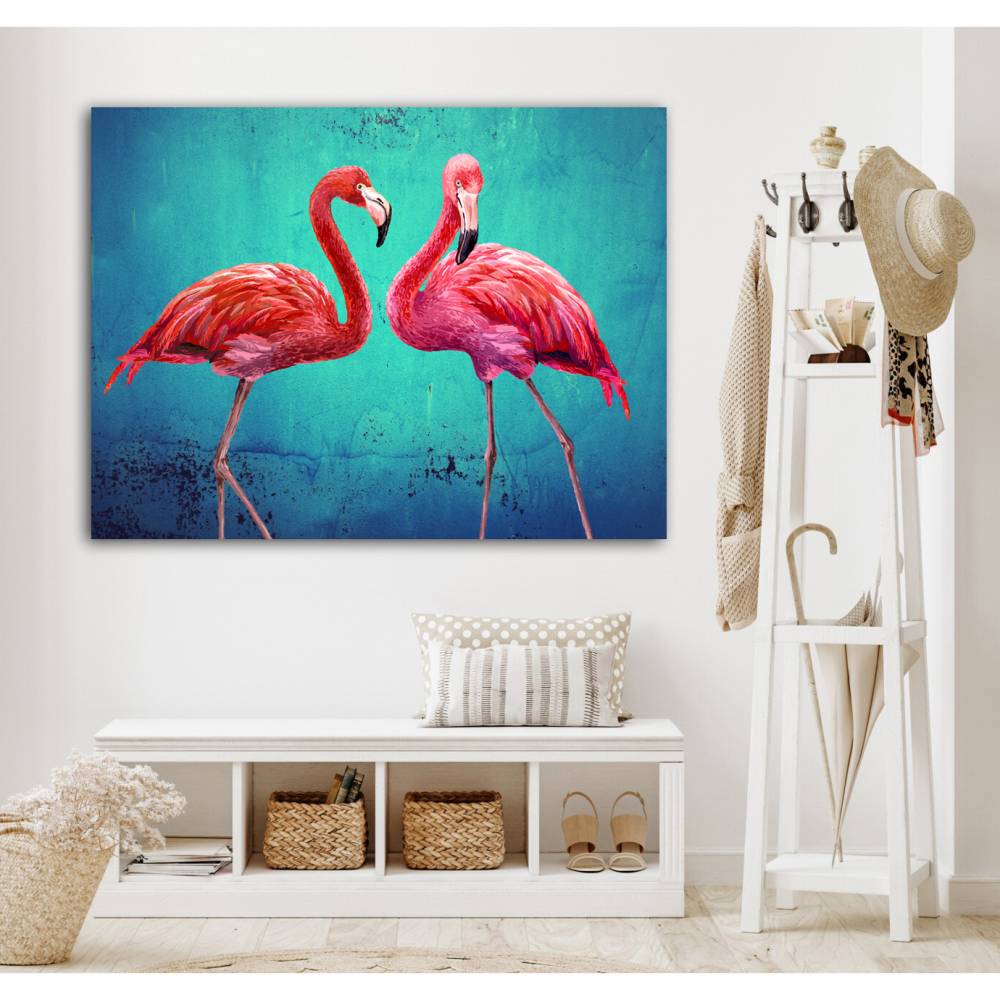 Pink Flamingos Collage Leinwandbild Vintage Style Kunst Druck Türkis smaragd grün Gicleedruck, Fotogemälde Bilder Bild 1