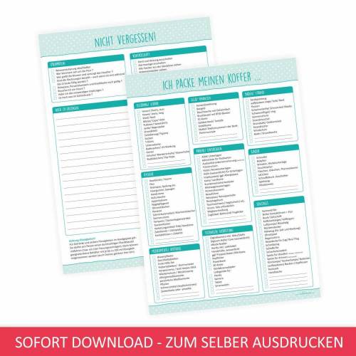 SOFORT DOWNLOAD - A4 Reisepackliste mint - farbig und schwarz weiß - Checkliste