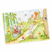 066 fleißige Waldtiere Zeichnung - Poster Bild für das Kinderzimmer oder Babyzimmer - in 5 Größen - Igel Eichhörnchen Hase (ohne Rahmen) Bild 1