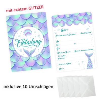 10 Einladungskarten Meerjungfrau mit GLITZER inkl. 10 transparenten Briefumschlägen Kindergeburtstag Einladung Mä