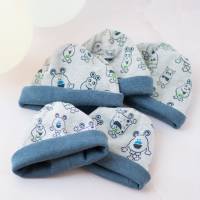 Kindermütze, Beanie weicher Sweat Stoff, Babymütze Monster Muster hellgrau/ blau, Pflegeleichte Baumwollmützen für Baby Bild 1