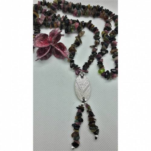 Lange Edelsteinkette Turmalin mit beidseitig gemustertem Zwischenelement aus 999 Silber