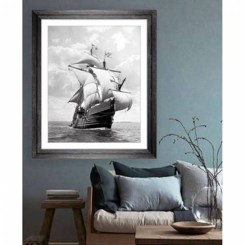 Santa Maria Segelschiff, Kunstdruck gerahmt, Historische Schwarz weiß Fotografie mit Retro Rahmen 51,6 x 54,6 cm, Vintage Style