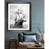 Santa Maria Segelschiff, Kunstdruck gerahmt, Historische Schwarz weiß Fotografie mit Retro Rahmen 51,6 x 54,6 cm, Vintage Style Bild 1