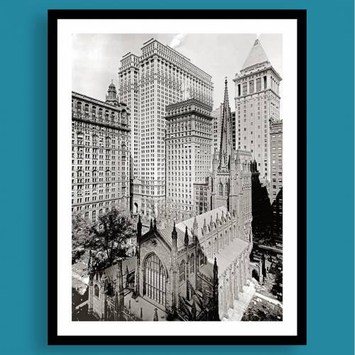 New York City Trinity Church Architektur schwarz weiß Fotografie Kunstdruck gerahmt Wandbild 43 x 55 cm Vintage