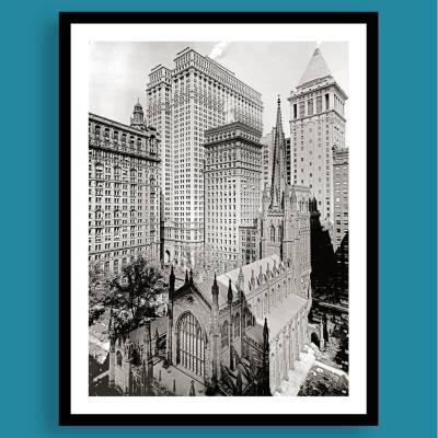 New York City Trinity Church Architektur schwarz weiß Fotografie Kunstdruck gerahmt Wandbild 42 x 54 cm Vintage 