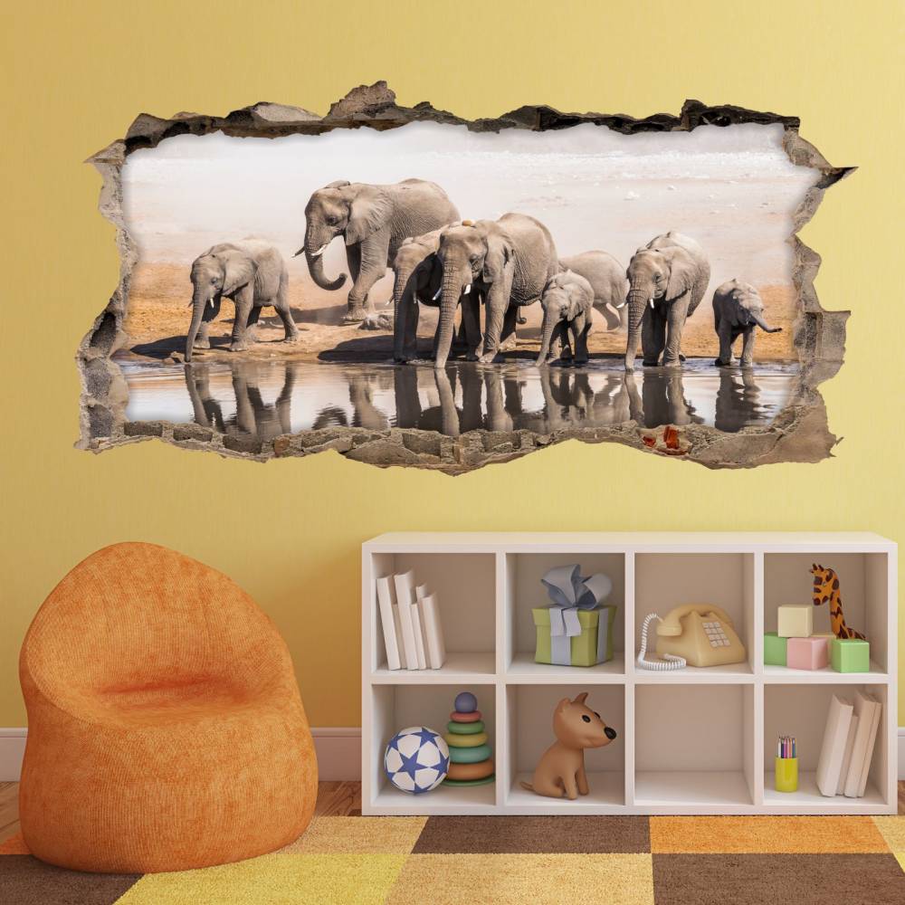 098 Wandtattoo Elefanten der in Wand Familie- Loch