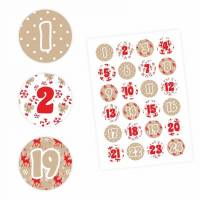 24 Adventskalender Zahlen Aufkleber ROT/BEIGE - rund 4 cm Ø - Sticker Weihnachten zum basteln dekorieren DIY Bild 1