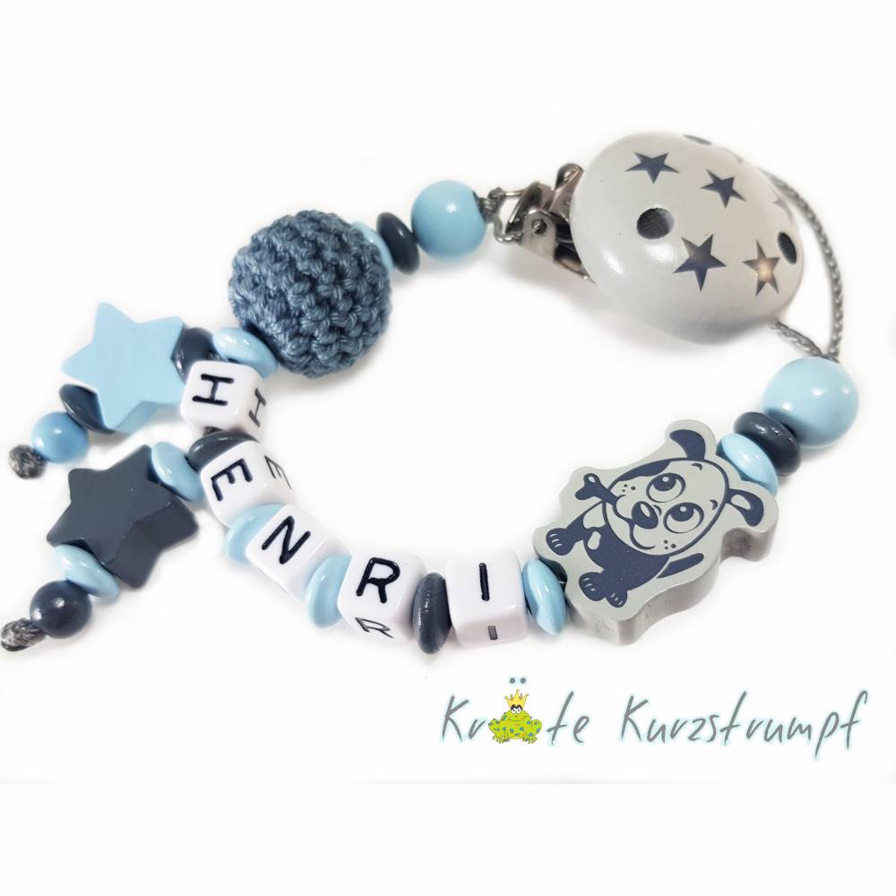 Schnullerkette mit Namen ★ Hund Häkelperle grau blau Junge Babygeschenk Geburt 