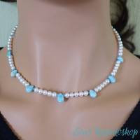 Romantische Perlenkette mit Larimar oder Rhodochrosit Tropfen Bild 1