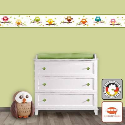 Kinderbordüre: Bunte Eulen - optional selbstklebend - 12 cm Höhe