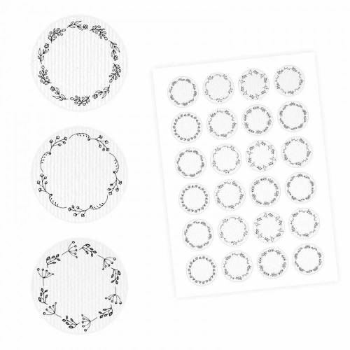 24 Universaletiketten - Blumenranke weiß - rund 4 cm Ø - Haushaltsetiketten Sticker Aufkleber Blanko selbst klebend