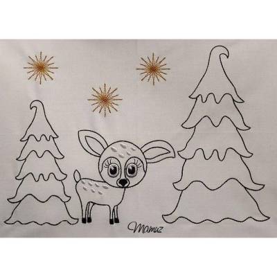 * Rehkitz im Tannenwald mit Schneeflocken *  Redwork Stickdatei, 18 x 26 cm
