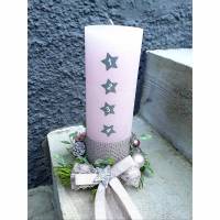 ADVENTSKERZE kleiner Adventskranz rosa grau silber rustic rustikal 25x8 cm + KERZENTELLER Bild 1