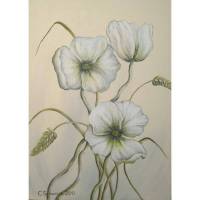 WEISSER MOHN Acrylgemälde auf Leinwand 50cmx70cm - elegantes Gemälde mit weißen handgemalte Mohnblumen und Gräsern Bild 1