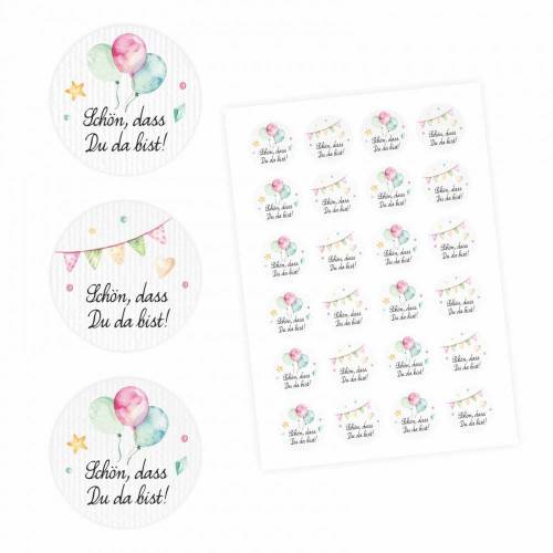 24 "Schön, dass Du da bist!" Aufkleber - Aquarell Luftballon Wimpelkette - rund 4 cm Ø - Sticker Hochzeit Gastgeschenk