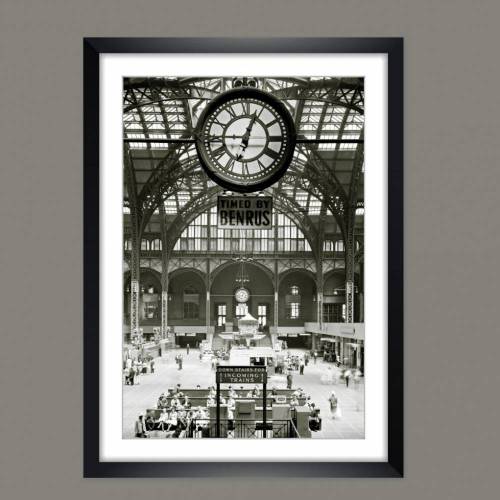 New York, Uhr Penn Station, Kunstdruck gerahmt 39 x 54 cm, gerahmte  Bilder, Vintage Style, Schwarz weiß Fotografie, Architektur, Bahnhof