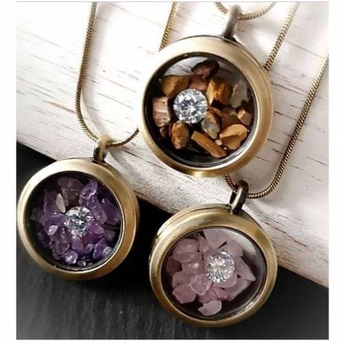 Kette, Medaillonkette, Kette mit Medaillon, Glasmedaillon,Rosenquarz, Tigerauge, Amethyst