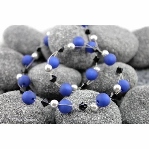 Royalblau, schwarz und grau, auffällige Kette aus Polarisperlen und Swarovski Beads, handgefertigte Polariskette zeitloses Unikat ehem. dunkelblau