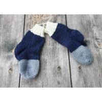 Babysocken/Kindersocken handgestrickt aus Wolle, Größe 19/20 blau grau/weiß Bild 2
