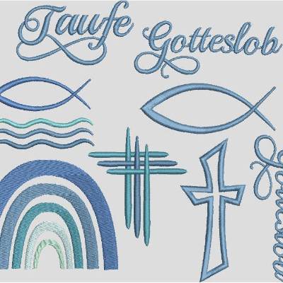 Stickdatei  Kirche Taufe Gotteslob Kommunion 579 Maschinenstickerei Fisch Kreuz Regenbogen