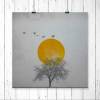 Baum, Sonne und Kraniche, texturierter Kunstdruck mit grauem Vintage-Hintergrund in 3 Größen // 13 x 13 cm, 20 x 20 cm, 30 x 30 cm Bild 3