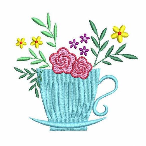 Stickdatei Kaffeetasse Teetasse mit Blumen 3 Größen