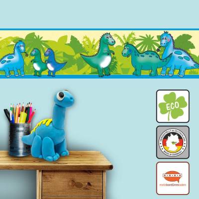 ECO Kinderbordüre: Little Dinos - grün blau gelb orange - 18 cm Höhe