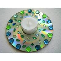 Teelichthalter CD Upcycling grün blau Bild 1
