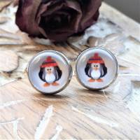 Ohrringe und Ringe Cabochonschmuck verschiedene Fassungen Pinguin mit Wollmütze Bild 1