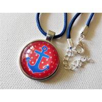 Anker Halskette in blau und rot mit Sternen, maritime Cabochon Kette Bild 1