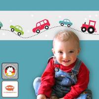 Kinderbordüre: Bunte Autos mit Sternchen - optional selbstklebend - 15 cm Höhe Bild 1