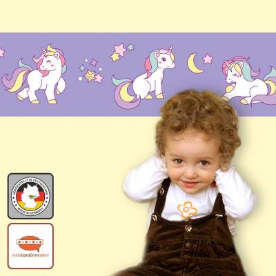 Kinderbordüre: Regenbogen Einhorn - optional selbstklebend - 18 cm Höhe