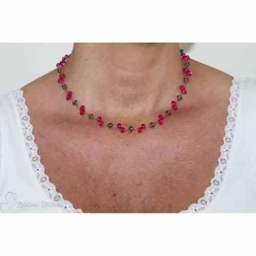 auffällige elegante Kette, pink & grau - zauberhafte graue Kristalle und funkelnde pinke Glasrondelle - Halskette