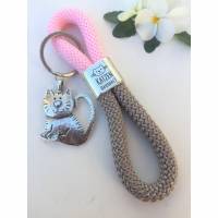 Schlüsselanhänger aus Segelseil/Segeltau, Zwischenstück "Katzenhaushalt", grau/rosa, versilberter Katzenanhänger am Schlüsselring Bild 1
