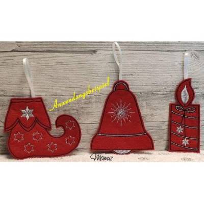 * 3 x Anhänger ITH , Elfenschuh, Glocke, Kerze *  10 x 10 cm, für den Christbaum oder an die Geschenke mit dem Namen
