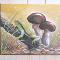 Acrylgemälde "Laubfrosch bei den Steinpilzen" -  Acrylgemälde auf Leinwand - Frosch im Wald auf Holz sitzend 30c Bild 1