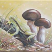 Acrylgemälde "Laubfrosch bei den Steinpilzen" -  Acrylgemälde auf Leinwand - Frosch im Wald auf Holz sitzend 30c Bild 2