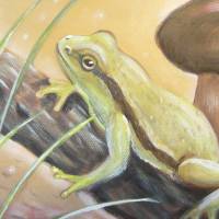 Acrylgemälde "Laubfrosch bei den Steinpilzen" -  Acrylgemälde auf Leinwand - Frosch im Wald auf Holz sitzend 30c Bild 3