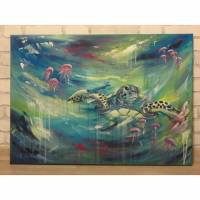 MEERESSCHILDKRÖTE  abstraktes Leinwandbild 70cmx50cm, gemalte Schildkröte mit rosa Quallen von Christiane Schwarz Bild 1