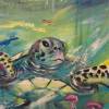 MEERESSCHILDKRÖTE  abstraktes Leinwandbild 70cmx50cm, gemalte Schildkröte mit rosa Quallen von Christiane Schwarz Bild 2