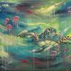 MEERESSCHILDKRÖTE  abstraktes Leinwandbild 70cmx50cm, gemalte Schildkröte mit rosa Quallen von Christiane Schwarz Bild 4