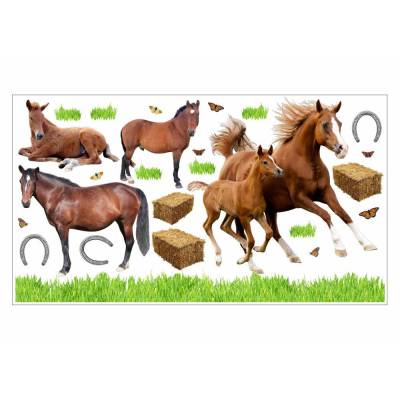 003 Wandtattoo Pferd mit Fohlen Pony reiten Gras Wiese Hufeisen in 6 Größen - Kinderzimmer Sticker Babyzimmer Pferde Wandaufkleber