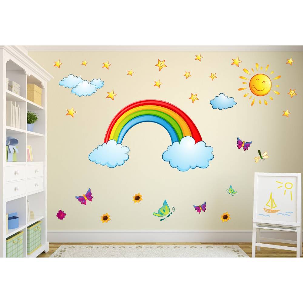 006 Wandtattoo Kinderzimmer Regenbogen Sonne Wolken Sterne
